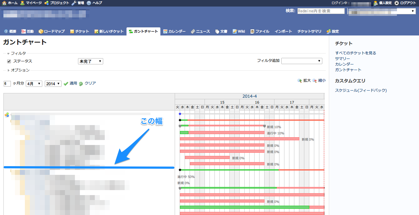 Redmine のガントチャートでチケット単位に担当者名を入れたりとか 幅を広げたりとか Momota Txt